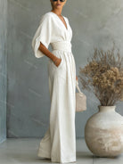 Dames Jumpsuit met Diepe V-hals, Sjerband en Wijde Pijpen