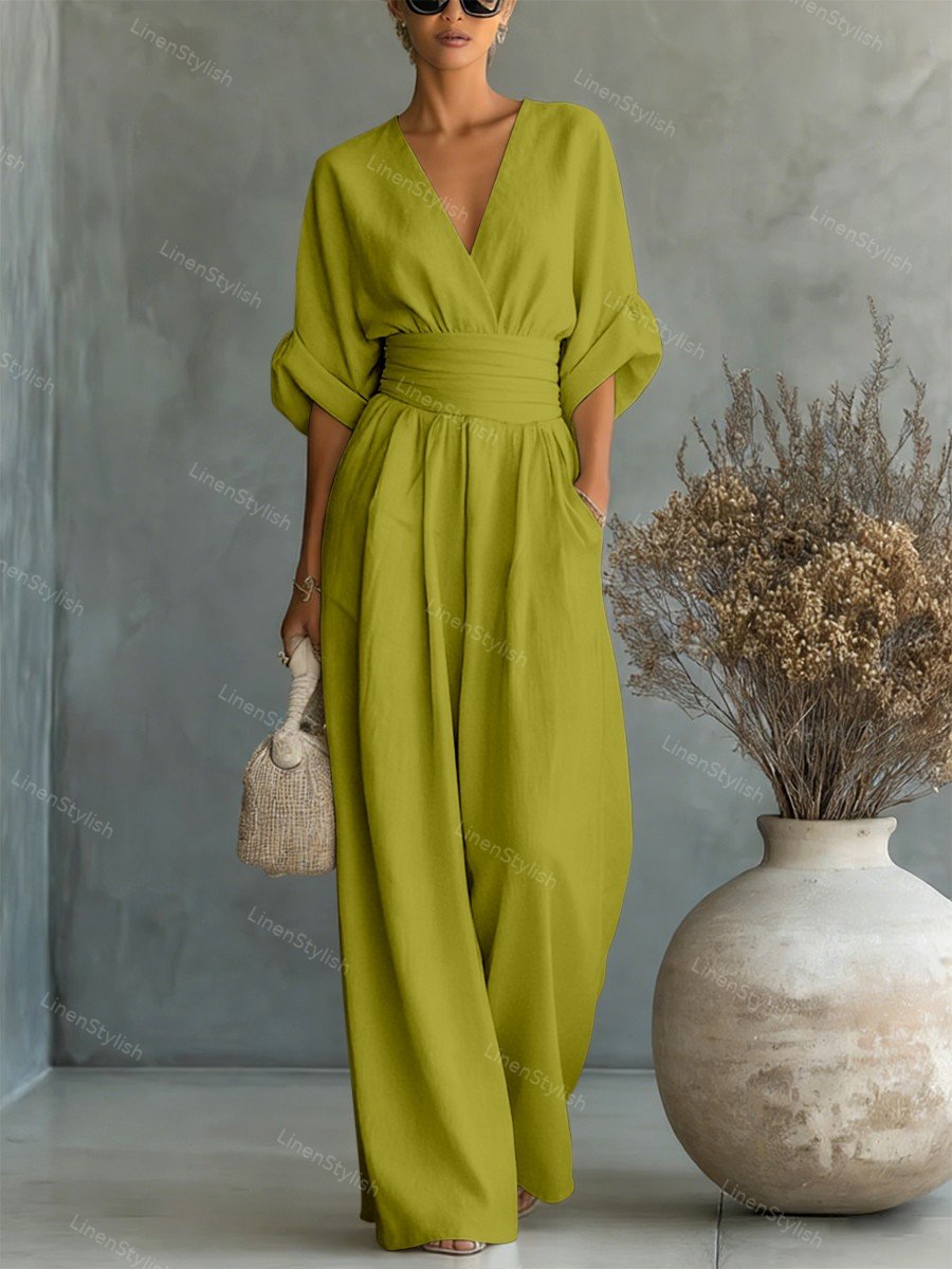 Dames Jumpsuit met Diepe V-hals, Sjerband en Wijde Pijpen Groen