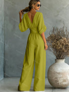 Dames Jumpsuit met Diepe V-hals, Sjerband en Wijde Pijpen