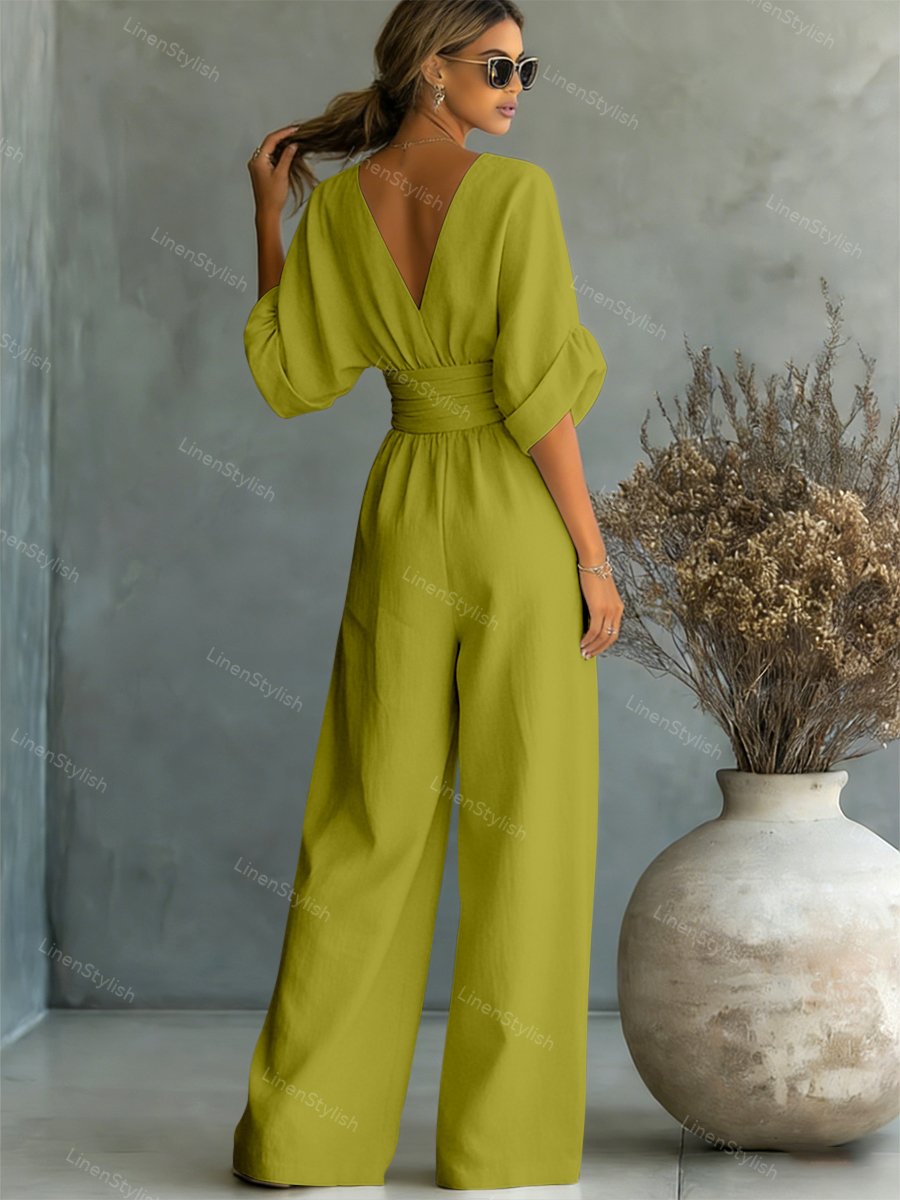 Dames Jumpsuit met Diepe V-hals, Sjerband en Wijde Pijpen
