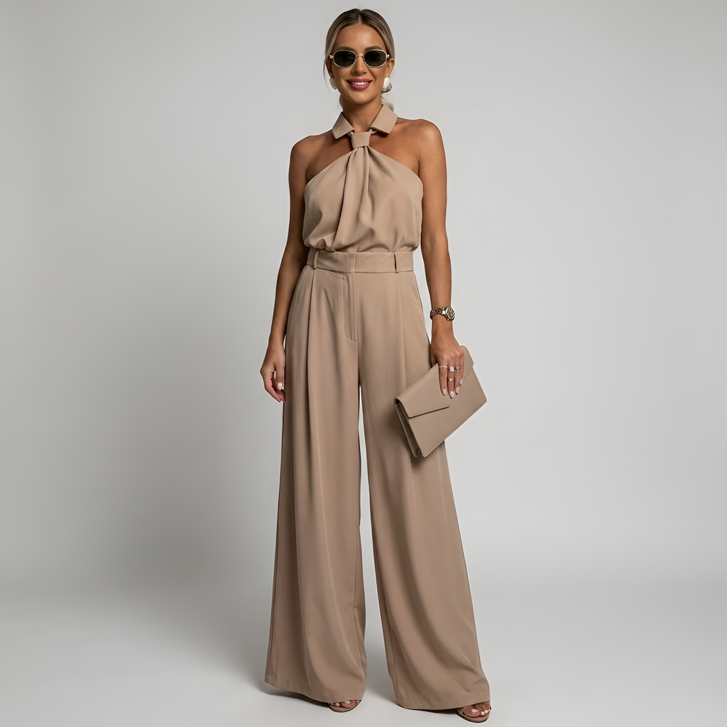 Dames Jumpsuit met Halternek en Wide Leg Broek Kaki