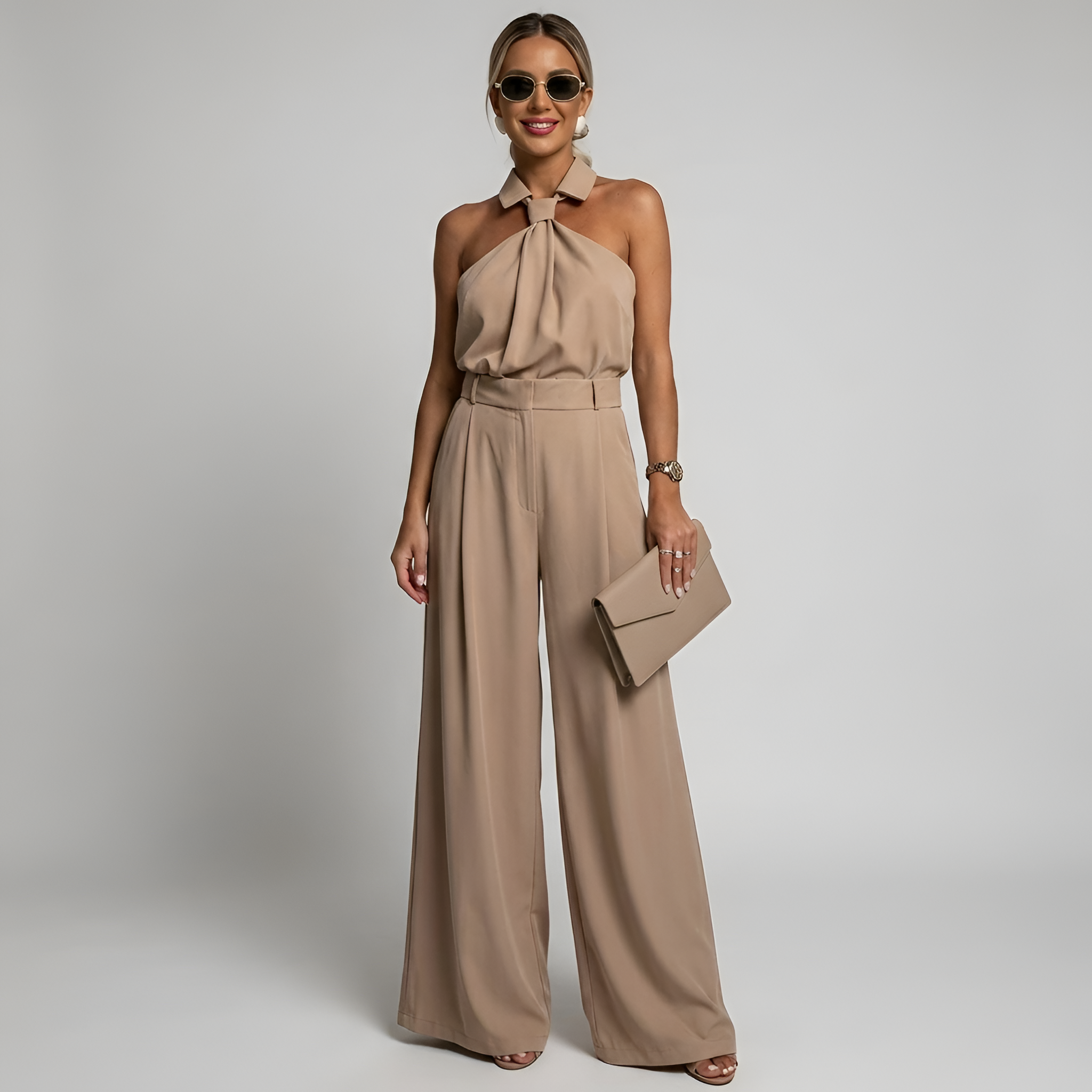 Dames Jumpsuit met Halternek en Wide Leg Broek Kaki
