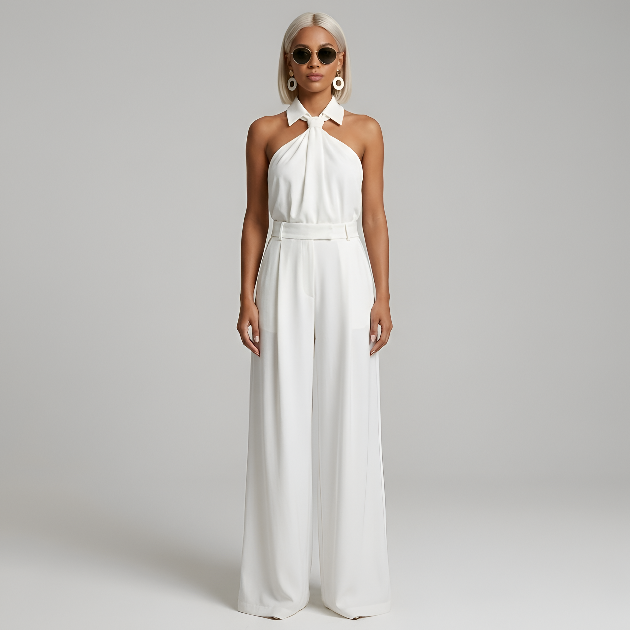 Dames Jumpsuit met Halternek en Wide Leg Broek Wit