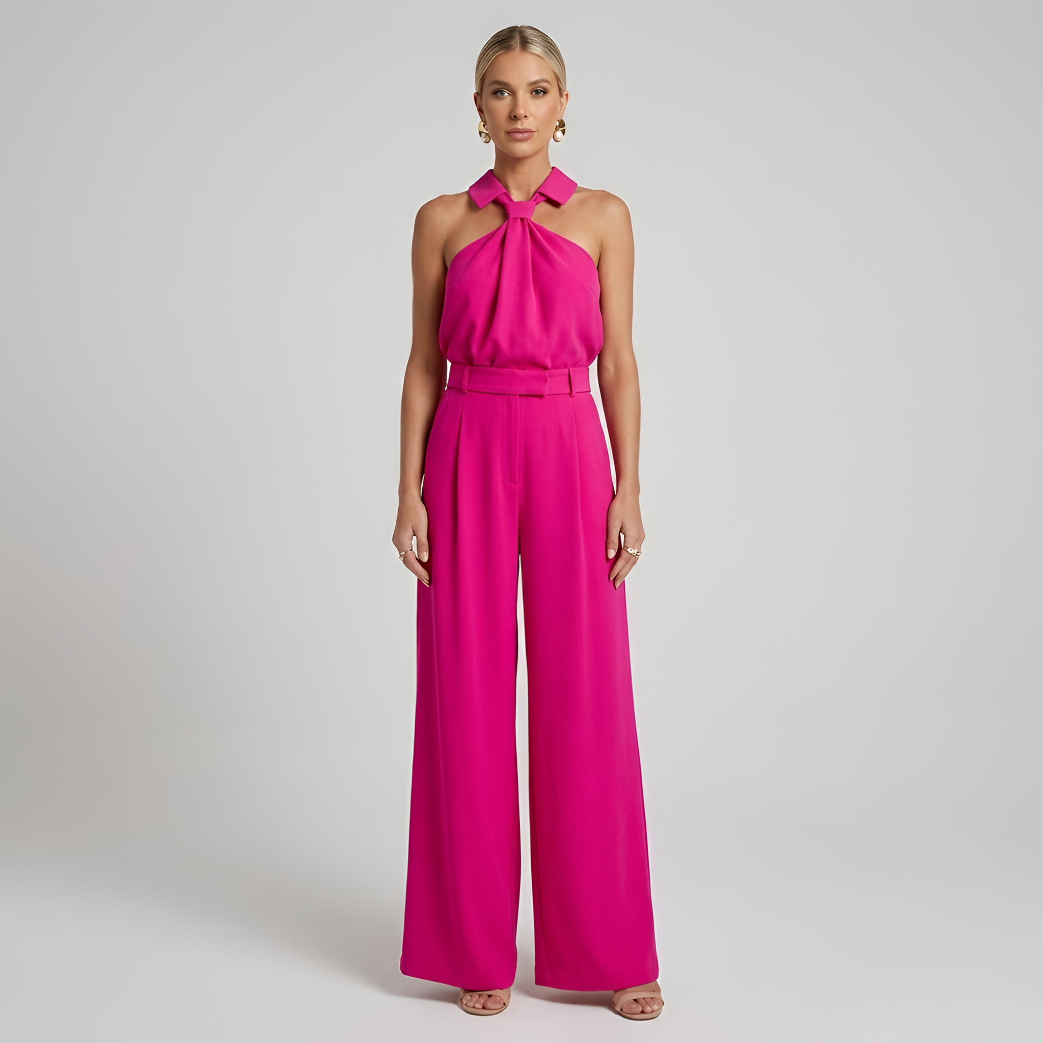 Dames Jumpsuit met Halternek en Wide Leg Broek Roze