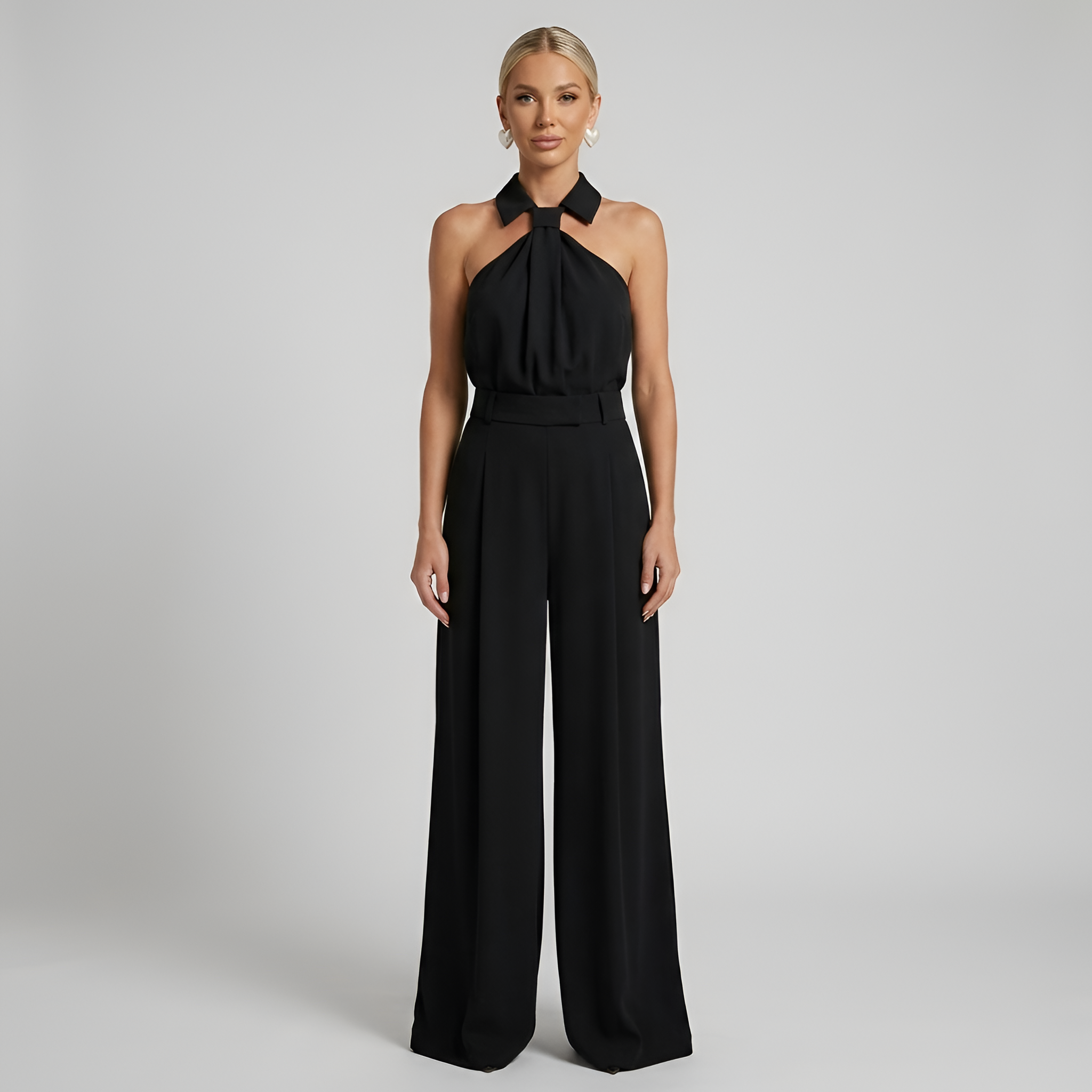 Dames Jumpsuit met Halternek en Wide Leg Broek Zwart