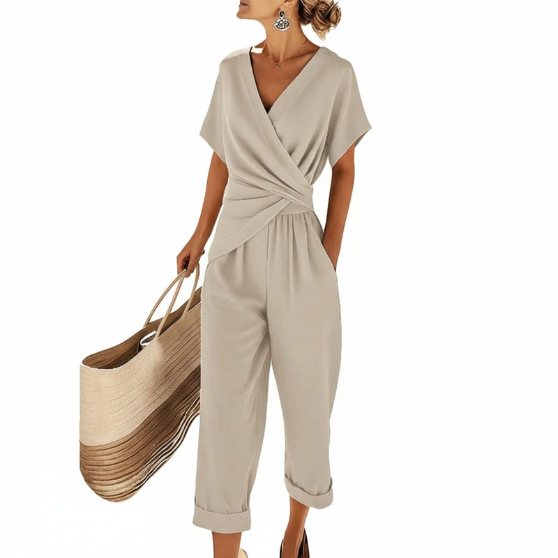 Dames Jumpsuit met Overslag V-hals en Cropped Broekpijpen