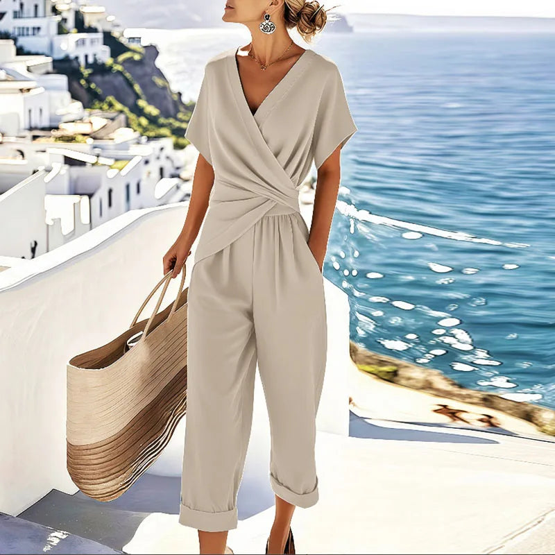 Dames Jumpsuit met Overslag V-hals en Cropped Broekpijpen Abrikoos