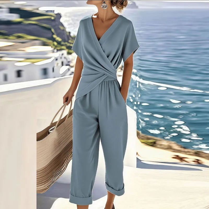 Dames Jumpsuit met Overslag V-hals en Cropped Broekpijpen Blauw