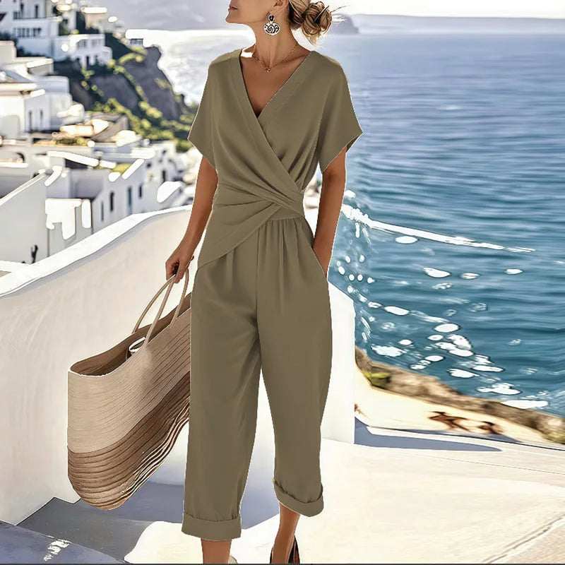 Dames Jumpsuit met Overslag V-hals en Cropped Broekpijpen Khaki