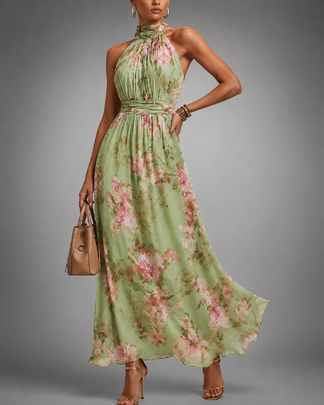 Dames Maxi Jurk met Halternek en Bloemenprint