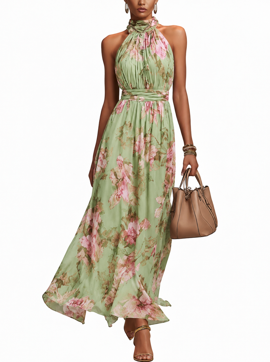 Dames Maxi Jurk met Halternek en Bloemenprint Groen