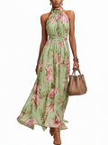 Dames Maxi Jurk met Halternek en Bloemenprint Groen