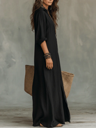 Dames Maxi Jurk met Overhemdkraag en Knoopsluiting, Lange Mouw en Zijsplit