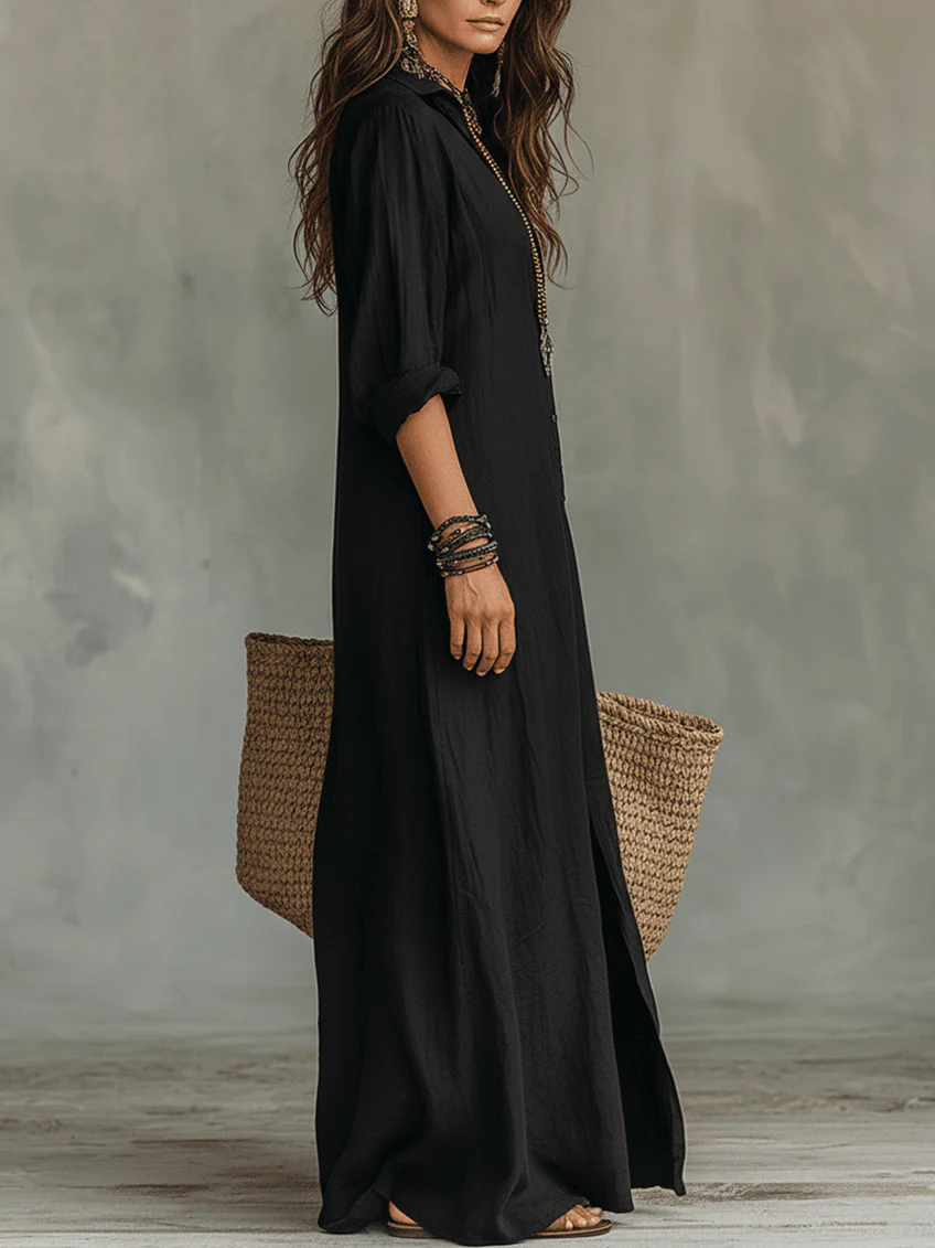 Dames Maxi Jurk met Overhemdkraag en Knoopsluiting, Lange Mouw en Zijsplit