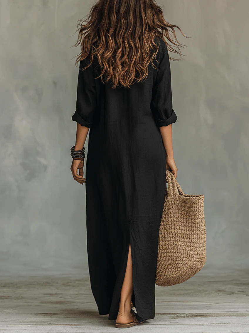 Dames Maxi Jurk met Overhemdkraag en Knoopsluiting, Lange Mouw en Zijsplit