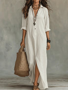 Dames Maxi Jurk met Overhemdkraag en Knoopsluiting, Lange Mouw en Zijsplit Wit