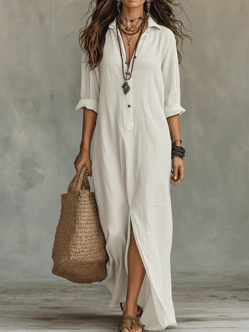 Dames Maxi Jurk met Overhemdkraag en Knoopsluiting, Lange Mouw en Zijsplit Wit