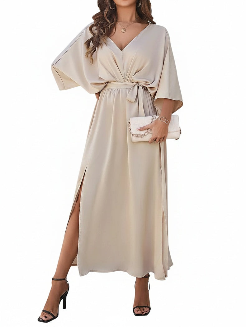 Dames Maxi Jurk met V-hals, Vleermuismouw, Strikceintuur en Split