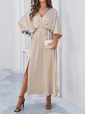 Dames Maxi Jurk met V-hals, Vleermuismouw, Strikceintuur en Split Champagne
