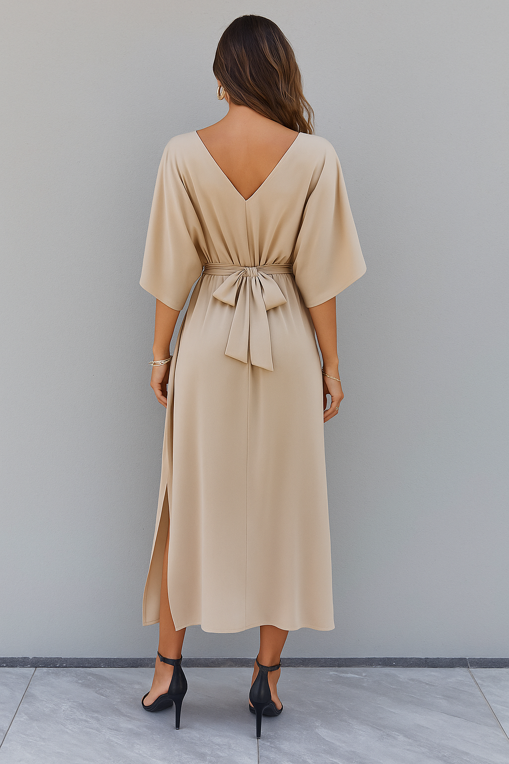 Dames Maxi Jurk met V-hals, Vleermuismouw, Strikceintuur en Split