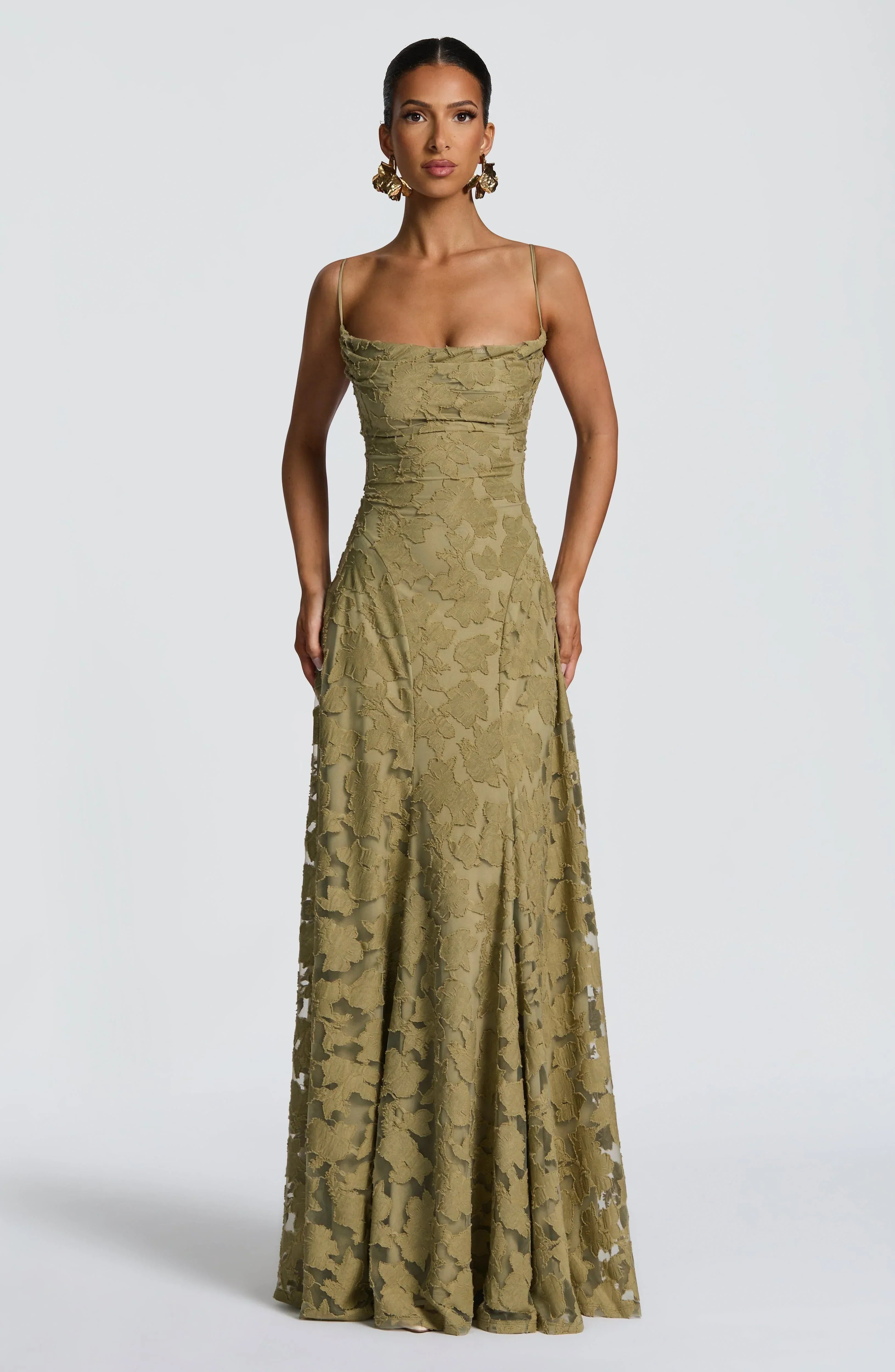 Dames Maxi Jurk Mouwloos met Cowl-hals en Bloemenpatroon Saliegroen
