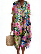 Dames Midi Jurk met V-hals en Korte Mouwen met Bloemenprint