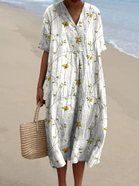 Dames Midi Jurk met V-hals en Korte Mouwen met Bloemenprint