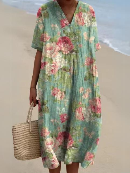 Dames Midi Jurk met V-hals en Korte Mouwen met Bloemenprint Donkerblauw Bloemenprint