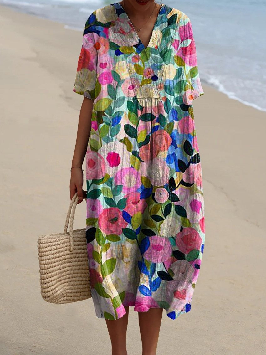 Dames Midi Jurk met V-hals en Korte Mouwen met Bloemenprint Multicolor Bloemenprint