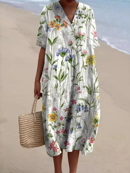 Dames Midi Jurk met V-hals en Korte Mouwen met Bloemenprint Wit Veldbloemen