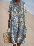 Dames Midi Jurk met V-hals en Korte Mouwen met Bloemenprint Blauw Gouden Bloemen