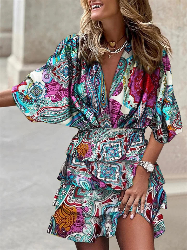 Dames Zomerjurk Korte Mouw met V-hals en Ruches Blauw