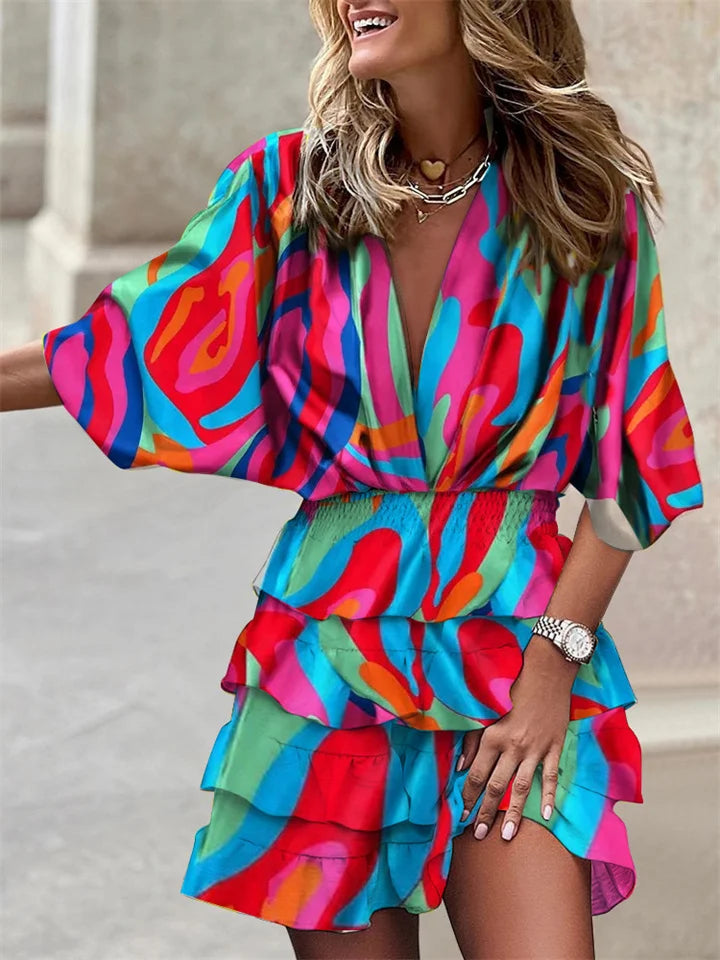 Dames Zomerjurk Korte Mouw met V-hals en Ruches Roze Blauw
