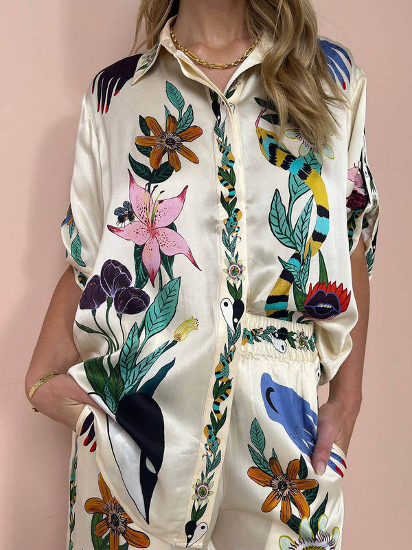 Women’s Satin Print Blouse – Unique Button-Down Oversized Fit for Modern Day-to-Evening Style