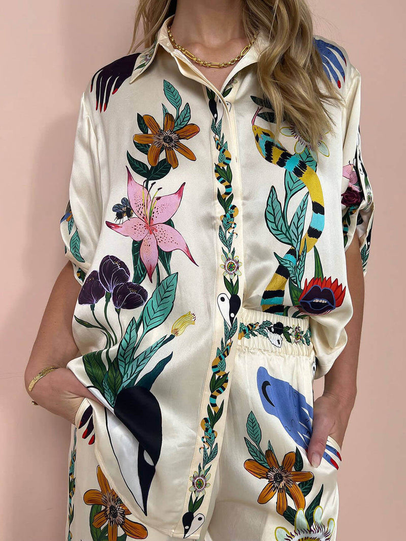 Women’s Satin Print Blouse – Unique Button-Down Oversized Fit for Modern Day-to-Evening Style