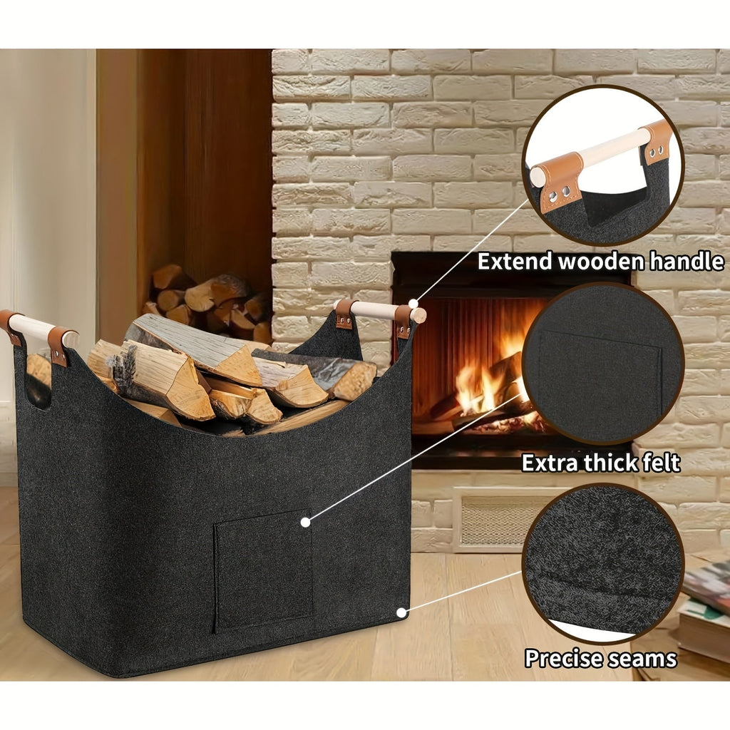 Felt Firewood Basket - Foldable, 55L Volume, Wooden Handles & Leather Details - Dark Gray