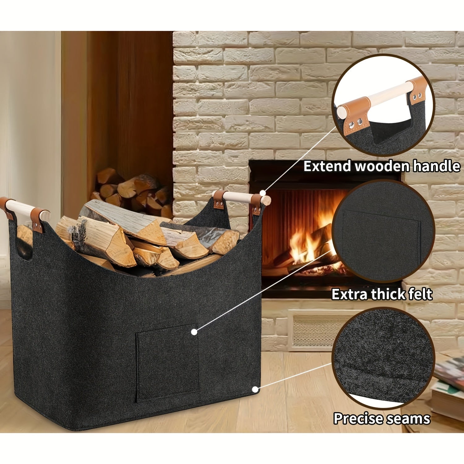 Felt Firewood Basket - Foldable, 55L Volume, Wooden Handles & Leather Details - Dark Gray