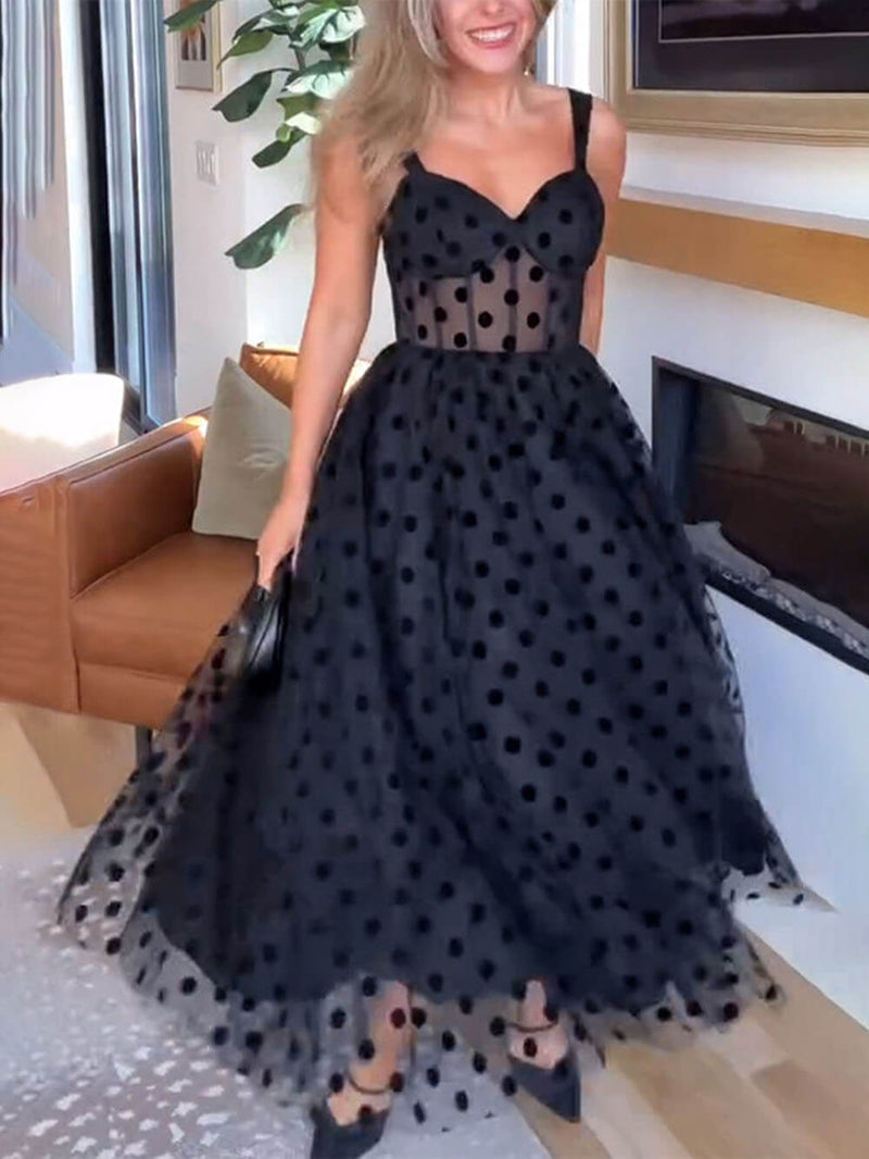 Women’s Tulle Polka Dot Midi Dress – Sleeveless Sweetheart Bustier A-Line for Parties & Holidays