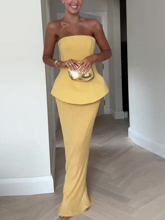 Women’s Yellow & Black Two-Piece Set – Bandeau Top & High-Waisted Pleated Skirt