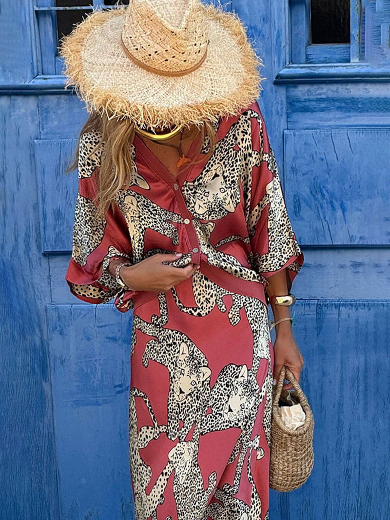 Women's Satin Tiger Print Blouse | Long Sleeve Button-Down Top for Evening & Holiday Wear