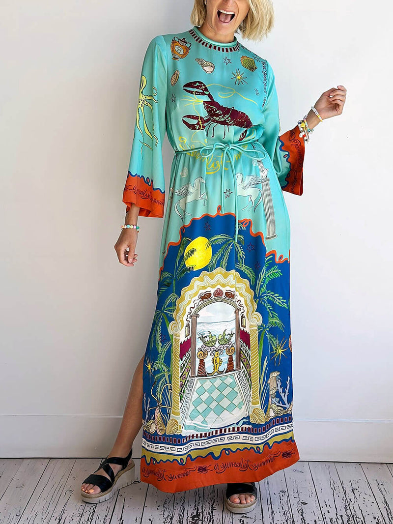 Blue Satin Long Sleeve Maxi Dress | Tie Waist & Side Slit Evening Gown