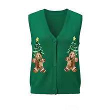 Women's Christmas Sweater Vest – Festive Sequin Gingerbread Men and Candy Cane Button-Up Cardigan