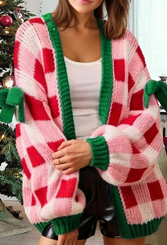 Women's Pink Plaid Christmas Cardigan – Open Front Knit Sweater with Green Trim and Bow Details