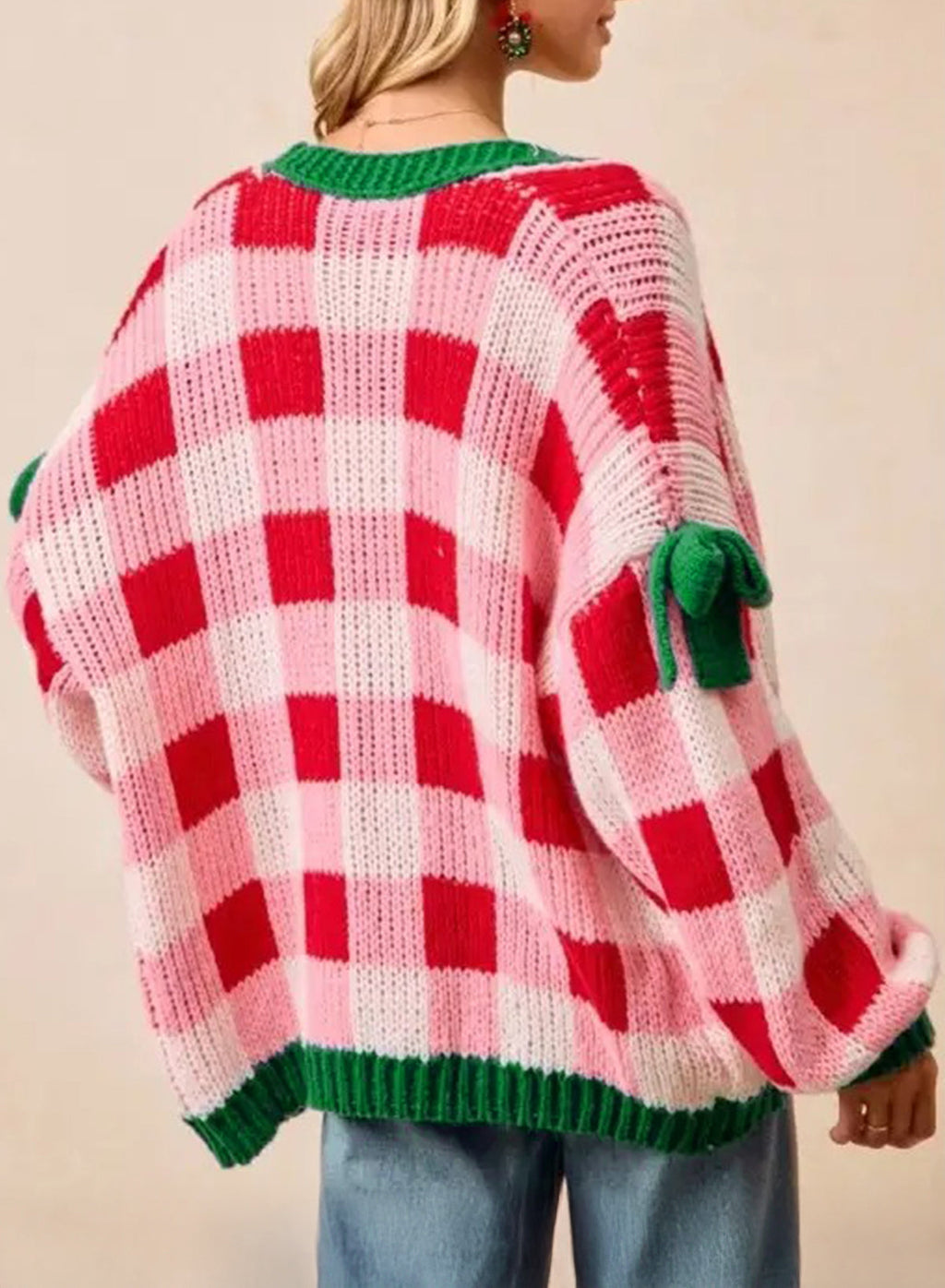 Women's Pink Plaid Christmas Cardigan – Open Front Knit Sweater with Green Trim and Bow Details