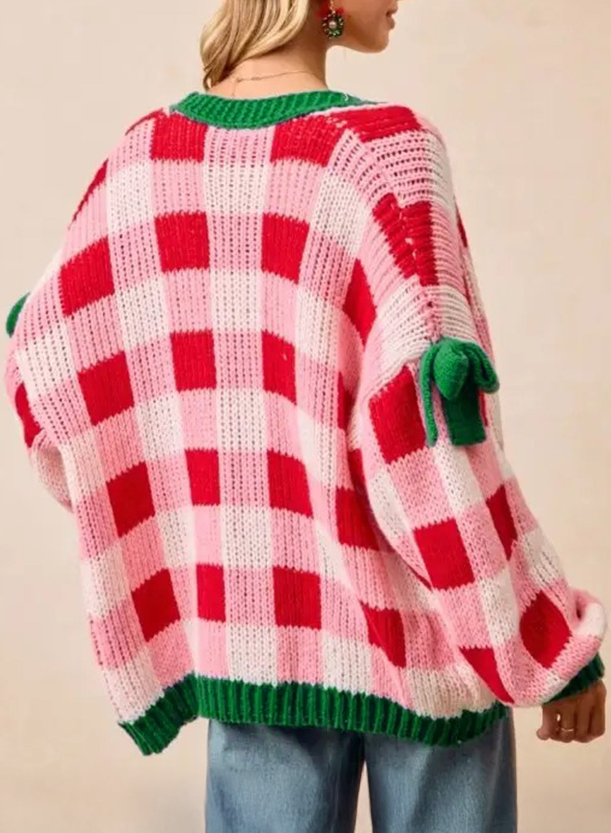 Women's Pink Plaid Christmas Cardigan – Open Front Knit Sweater with Green Trim and Bow Details