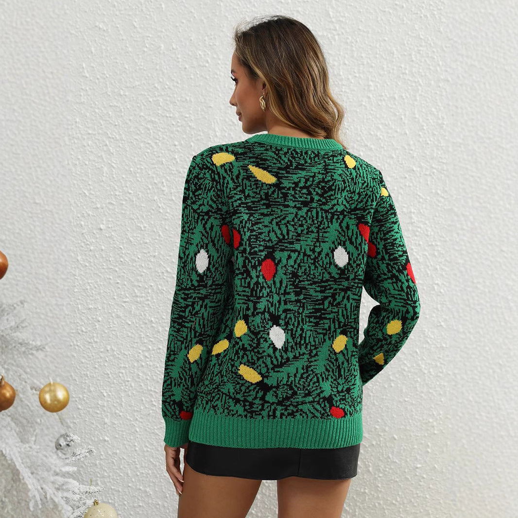 Women's Christmas Sweater – Green Jacquard Knit Pullover with Festive Ornaments