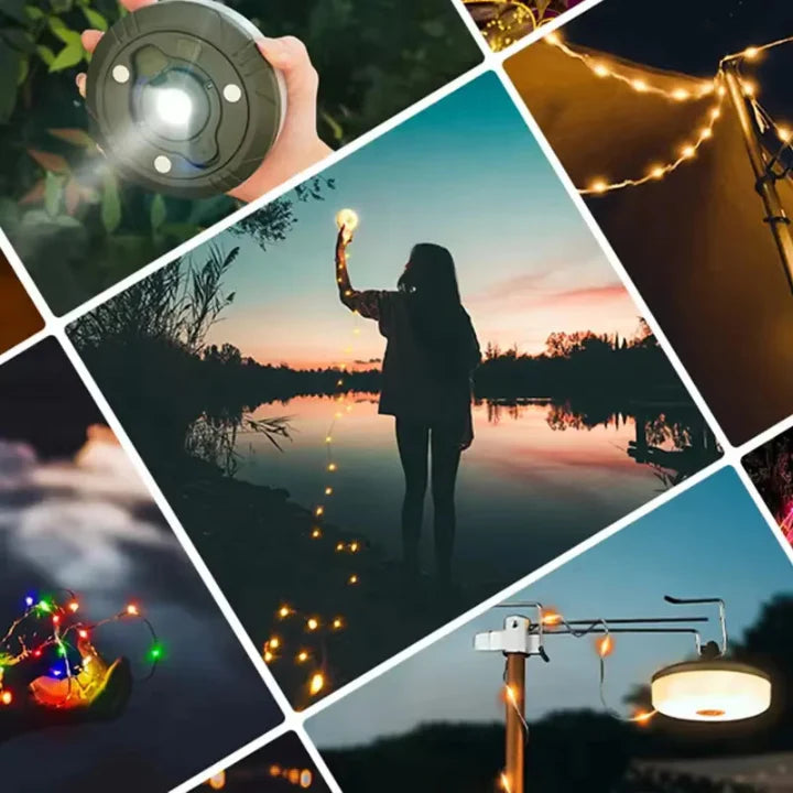 Kempingová lampa s 10m RGB řetězem světel – atmosféra a bezpečnost na každém výletě