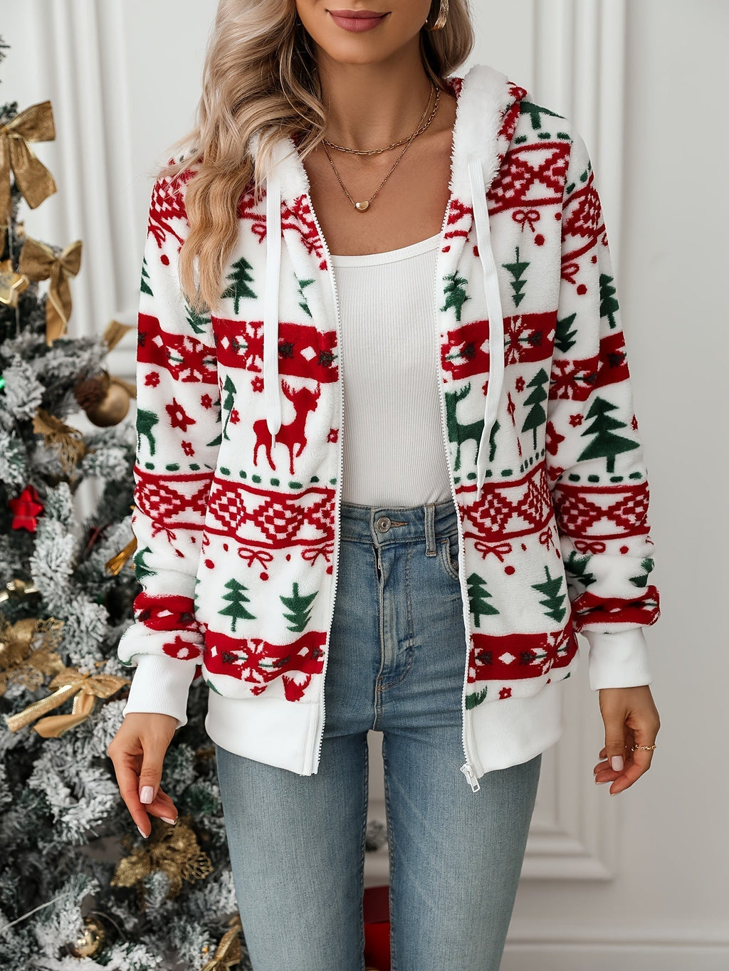 CARDIGAN ZIPPÉ IMPRIMÉ PULL DE NOËL POUR FEMME
