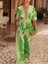 Women’s Floral Print V-Neck Jumpsuit – Short Sleeve for Holidays & Summer Days