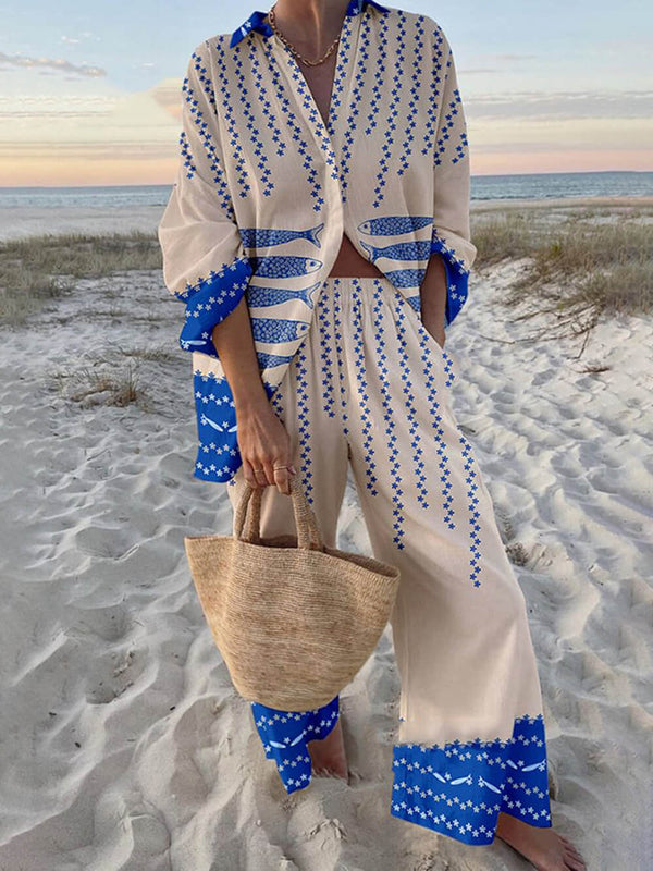 Women’s Ocean Print Oversized Shirt & Trousers Set – Elastic Waist Pocket Pants